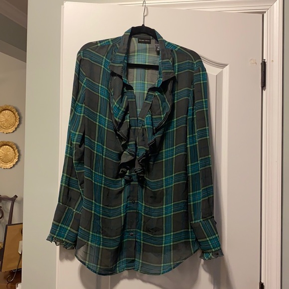 New York & Company Tops - Women’s brown and green plaid ruffle front shirt